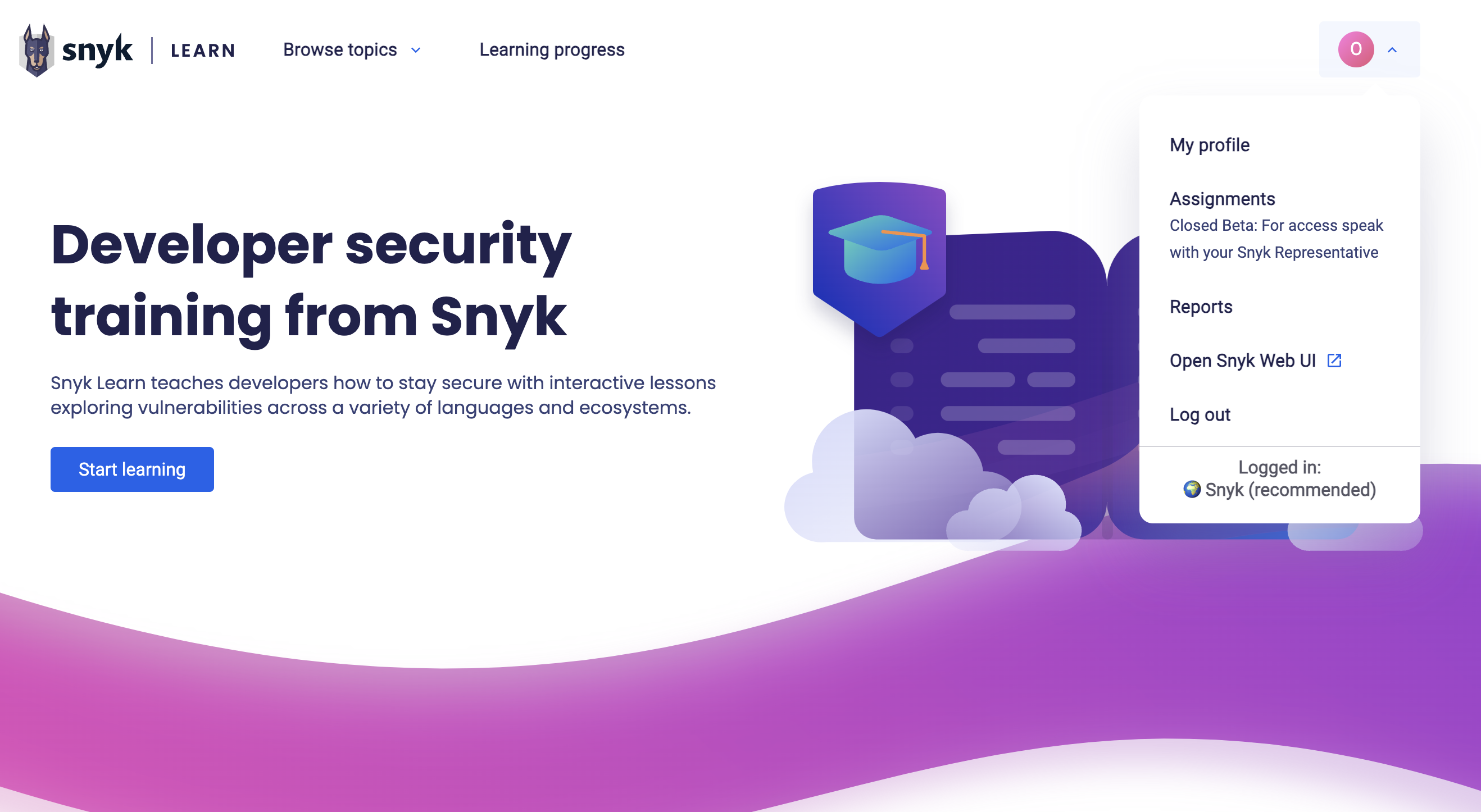 Assignments section on Snyk Learn home page