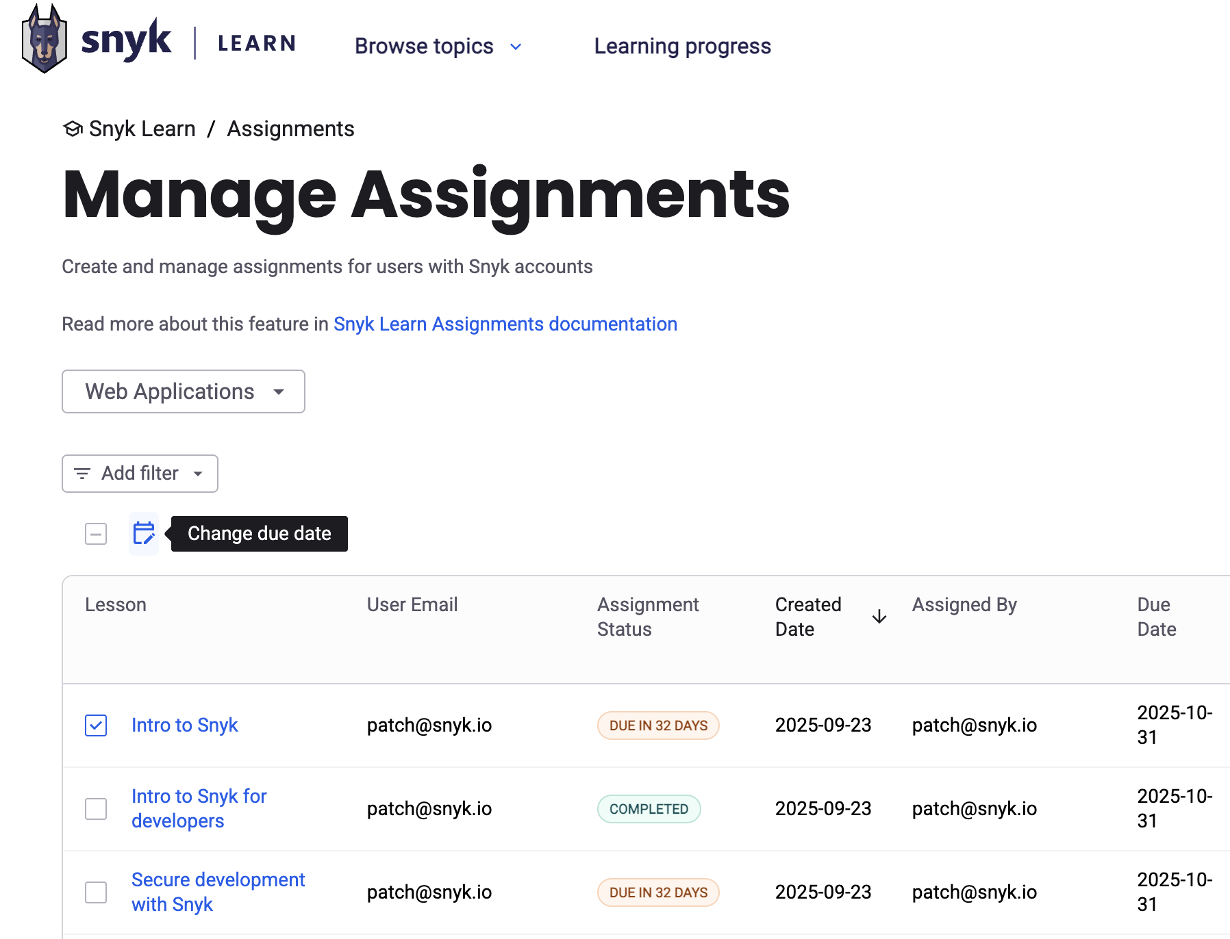 Changing the due date for selected assignments