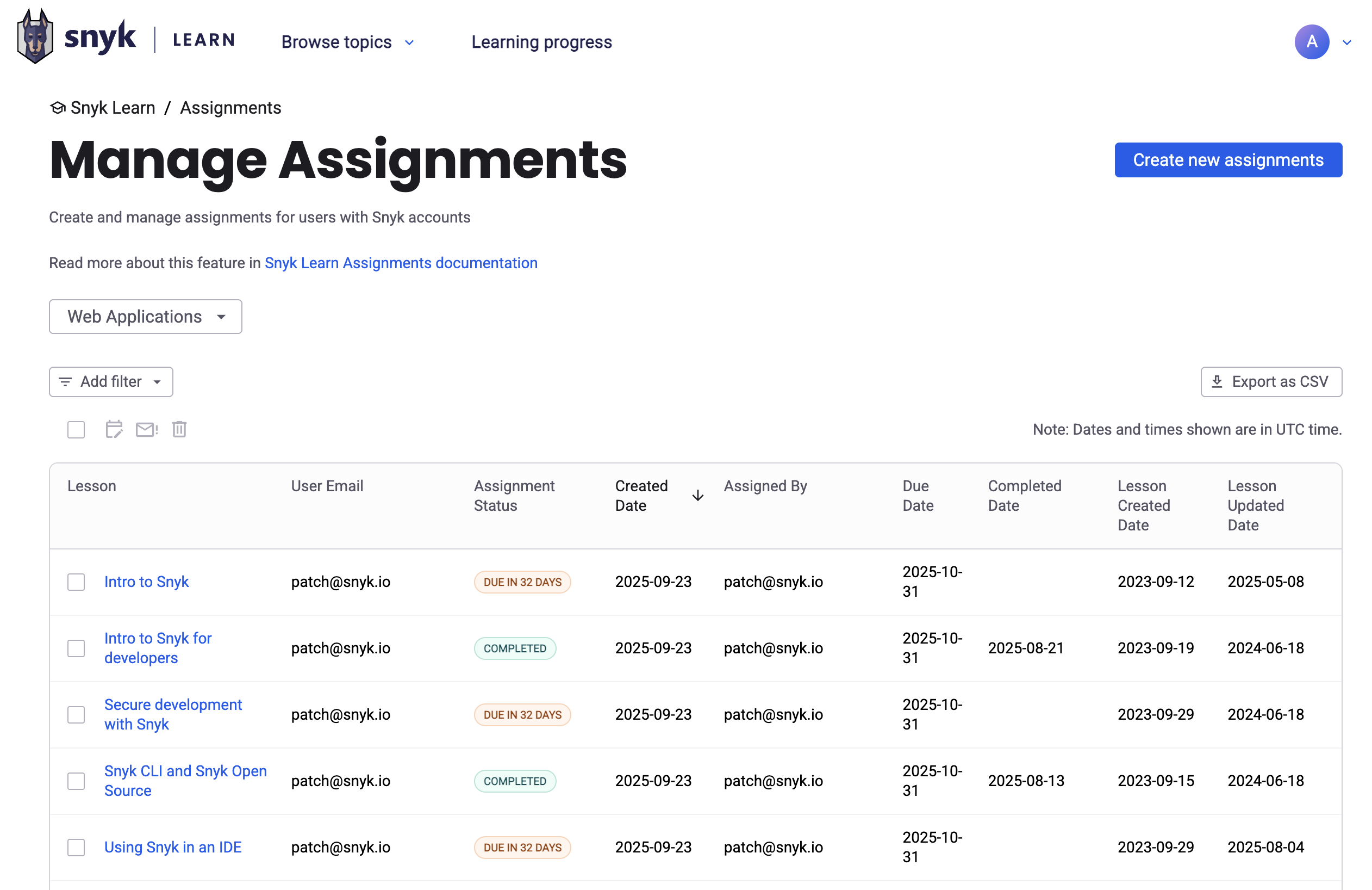 Assignment report with filters applied