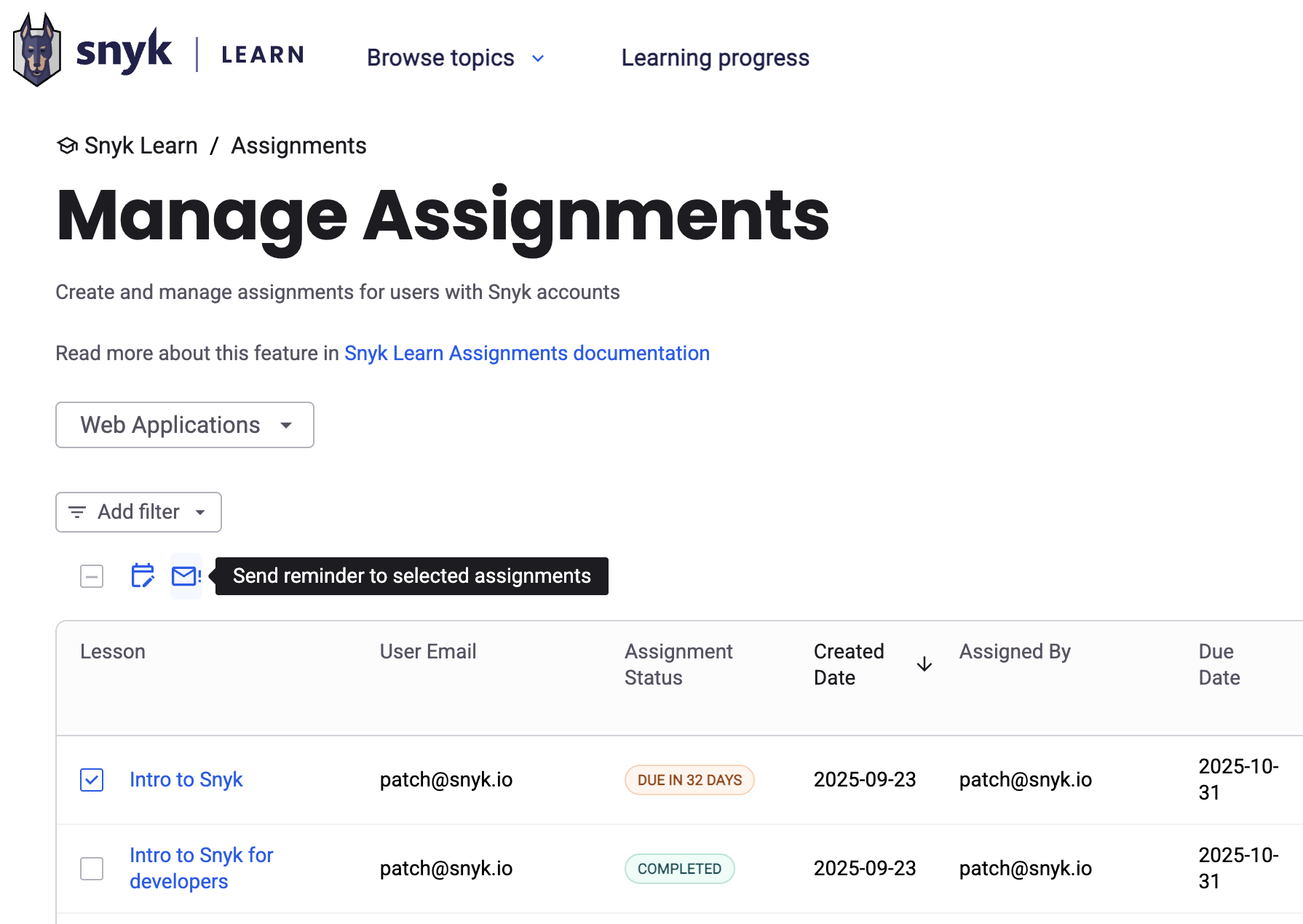Sending a reminder email for a selected assignment