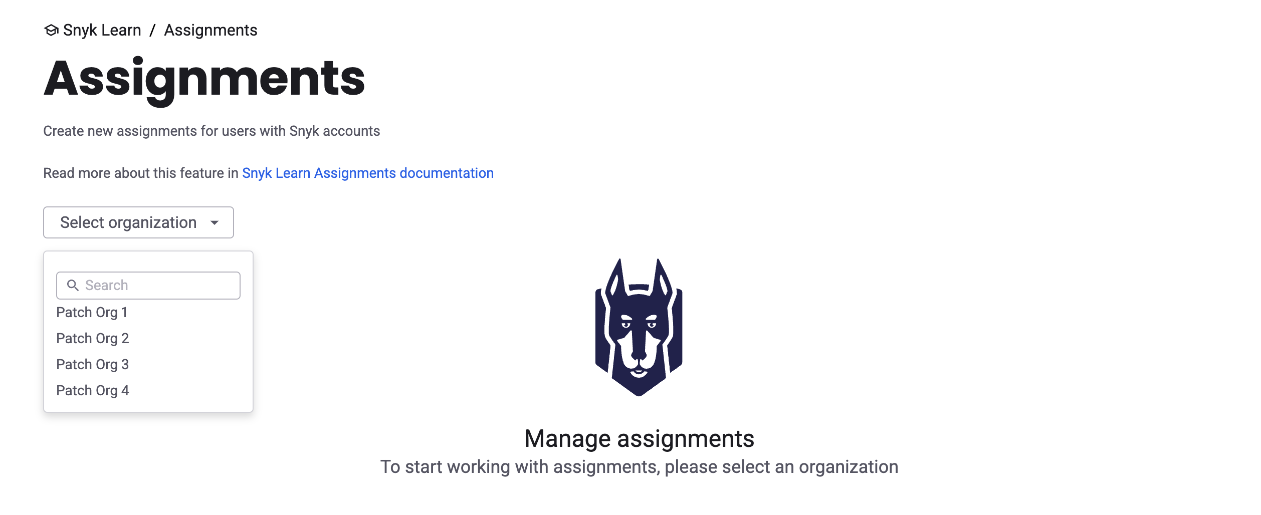 Select an Organization in the Assignments Dashboard page