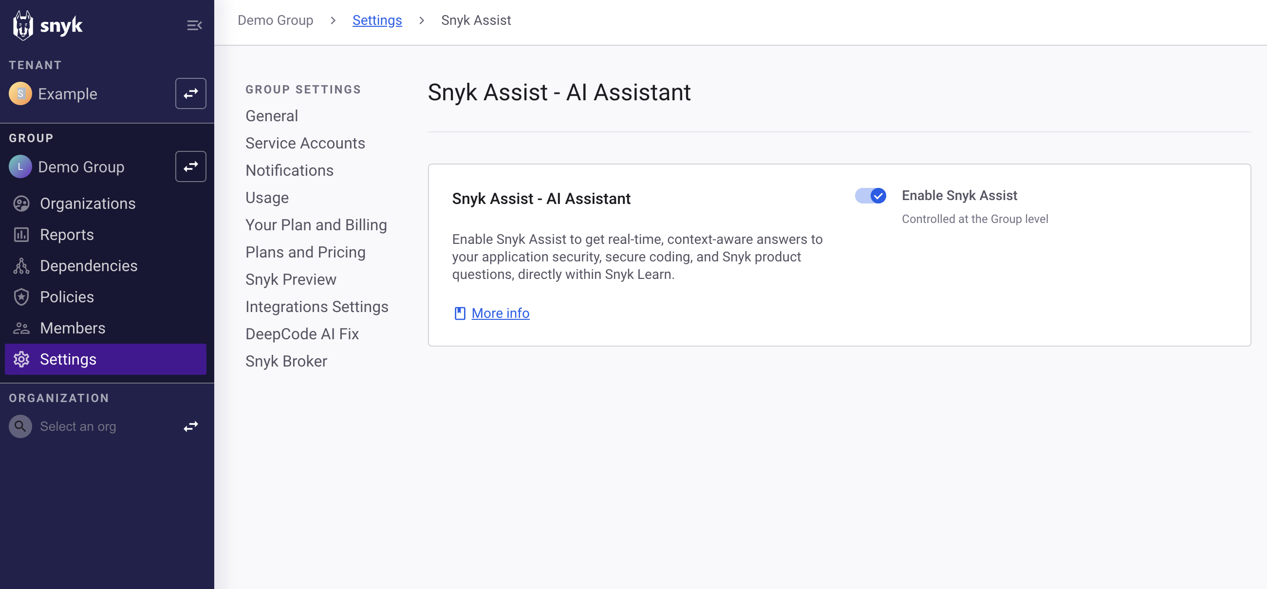 Snyk Assist settings page